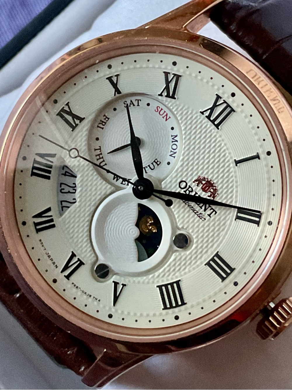Excellent Rose Gold AUTOMATIC Orient Sun and Moon Watch w Original Boxes/Papers